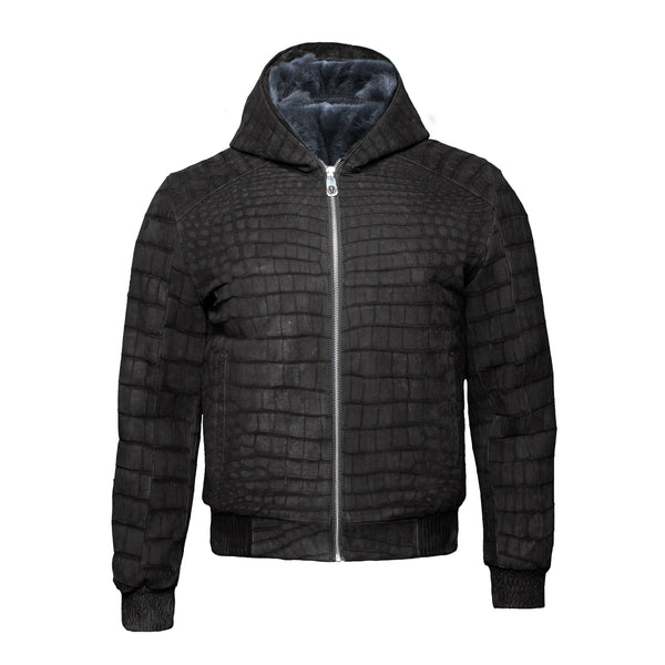 Nubuck Crocodile Leather Jacket with Natural Fur Lining