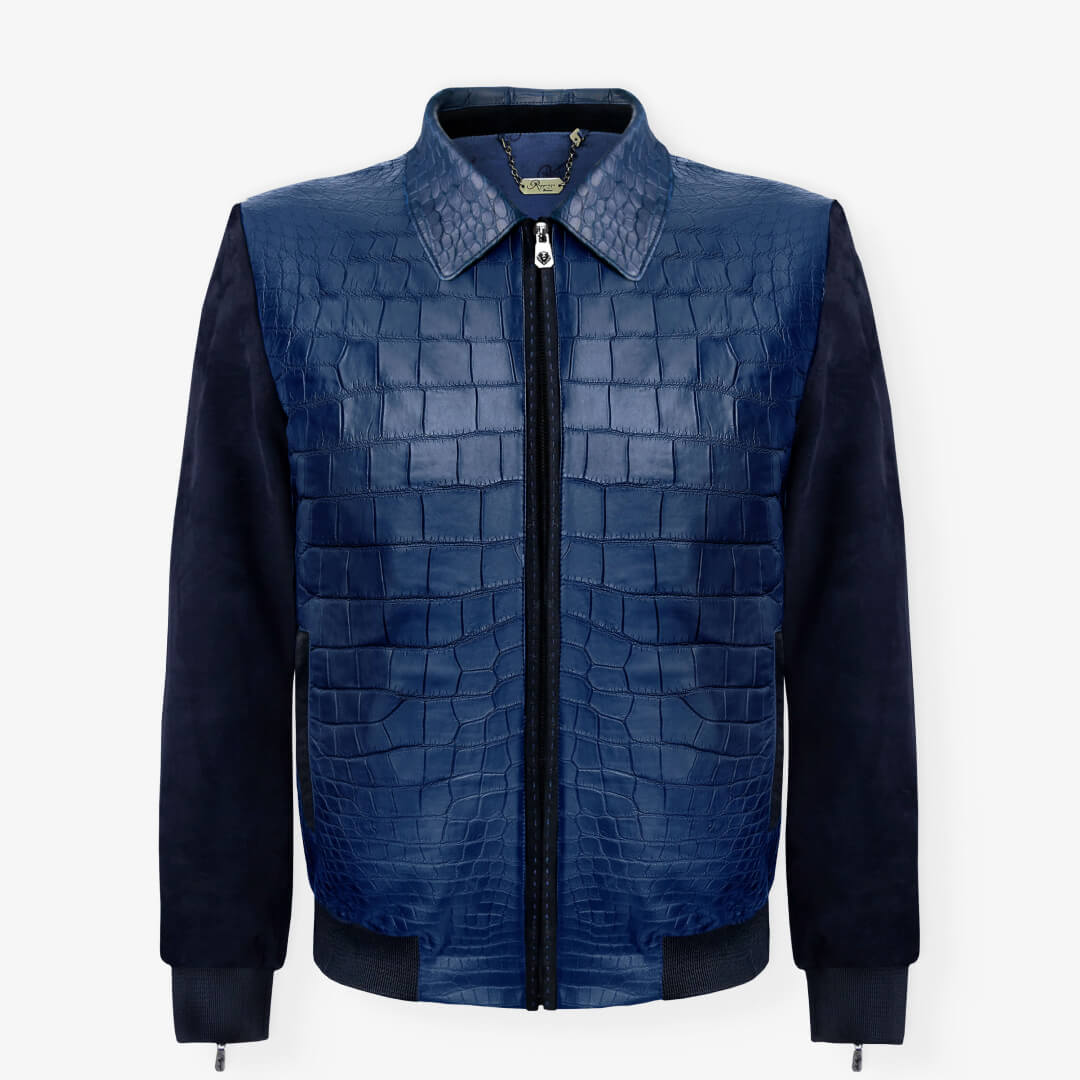 Men's 100% Authentic Suede & Crocodile Leather Harrington Jacket by Reggenza