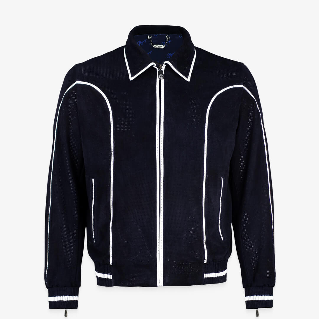 Men's 100% Authentic Perforated Suede & Premium Leather Harrington Jacket With White Stripes by Reggenza